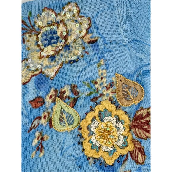 Vtg Alberto Makali Embroidered Floral Beaded Sequin Blue Knit Top M | Boho Indie - Picture 16 of 16